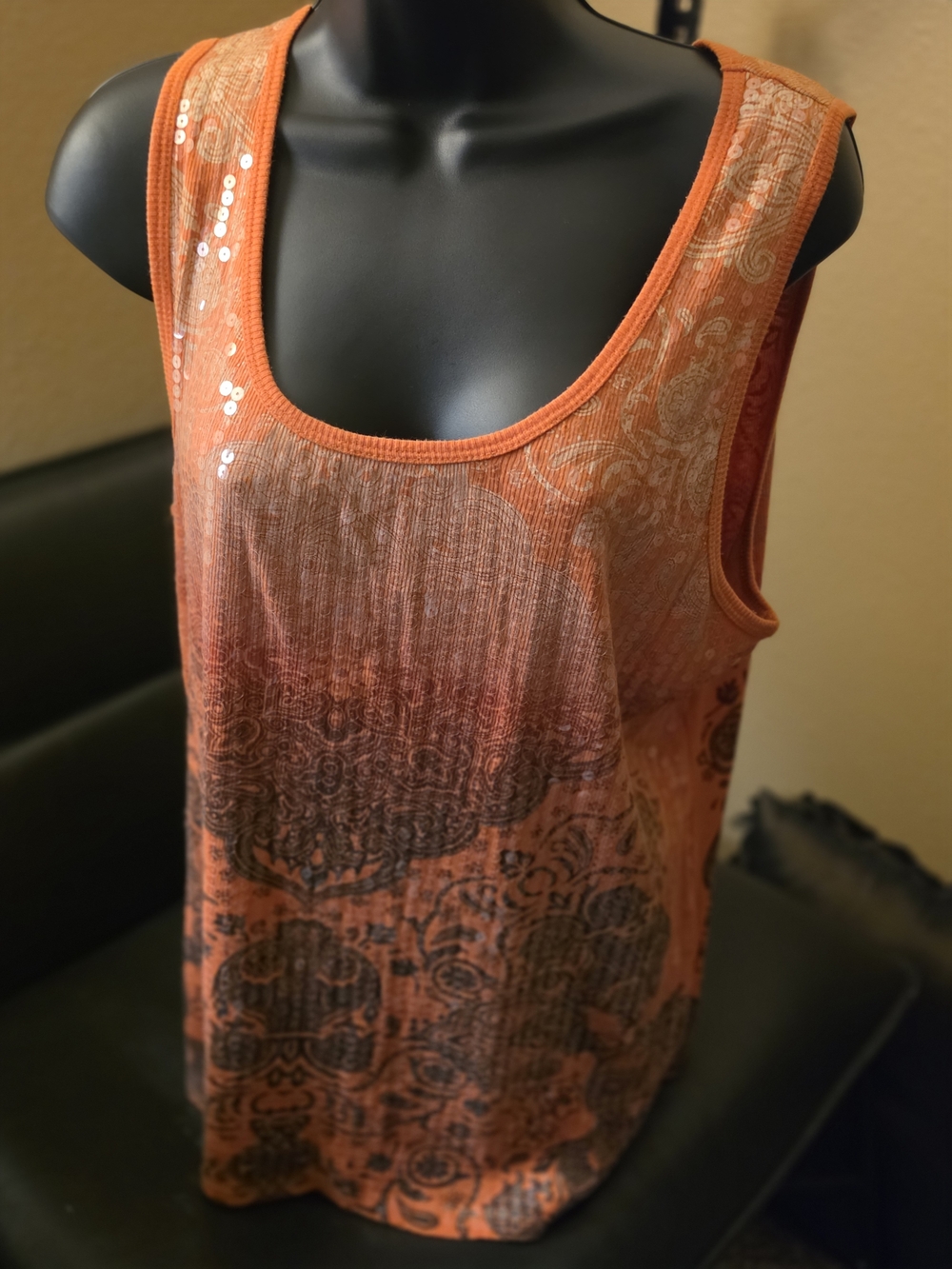 Cato Orange Printed Sequin Scoop Neck Tank